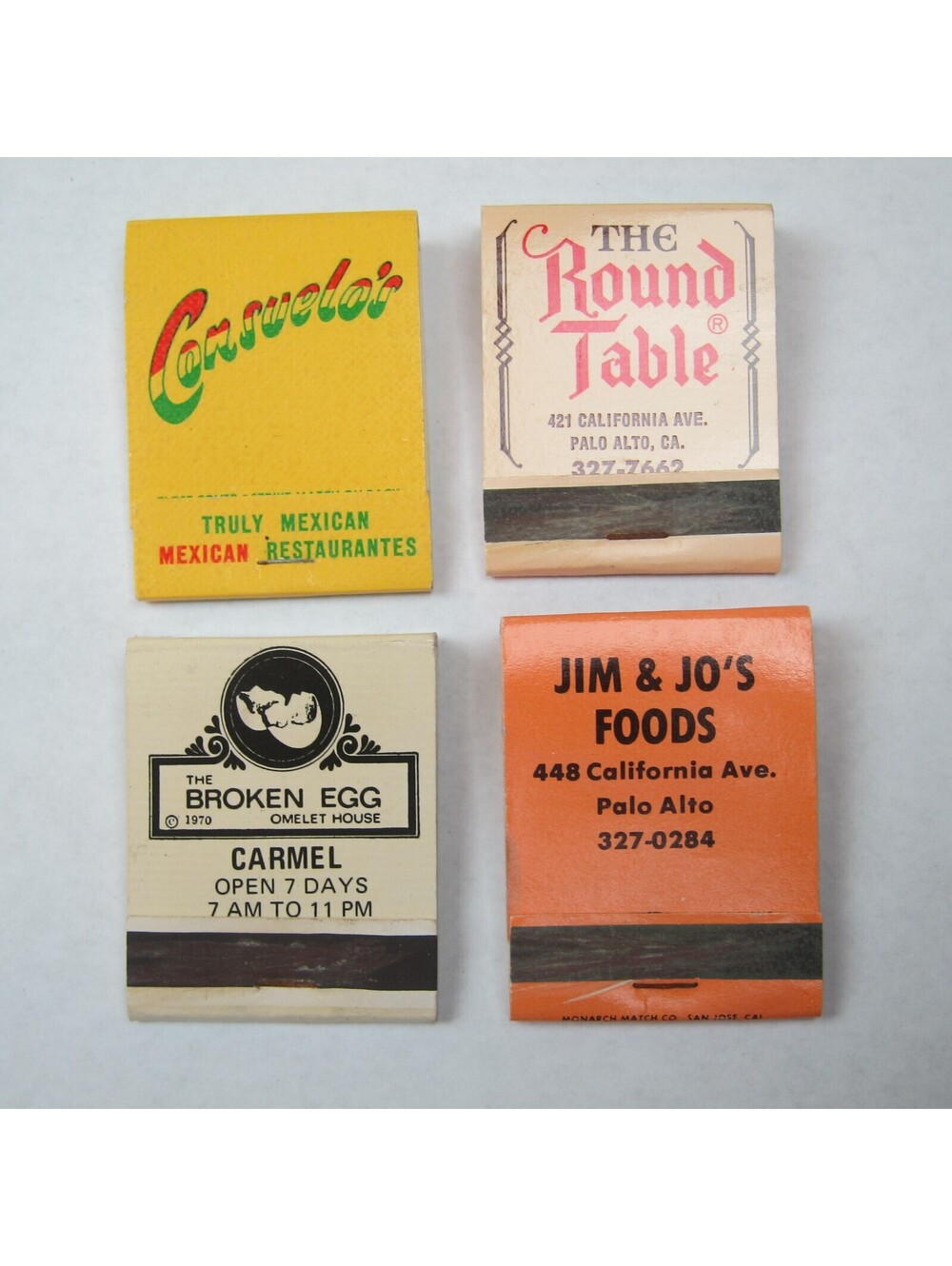 4 Matchbook Covers Consuelo's The Round Table The Broken Egg Jim & Jo's Foods CA
